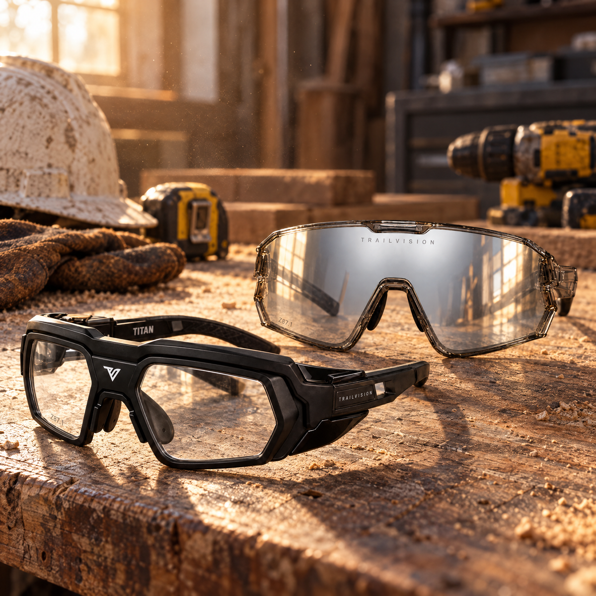 Titan and Bastion safety glasses on a workshop bench with hard hat and gloves