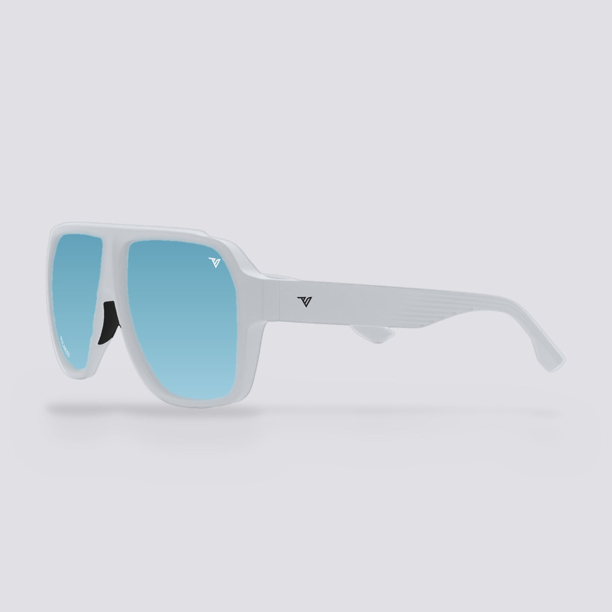 Highland polarized sunglasses, Frosted Clear frame, Ice Blue Mirror lens, angled view