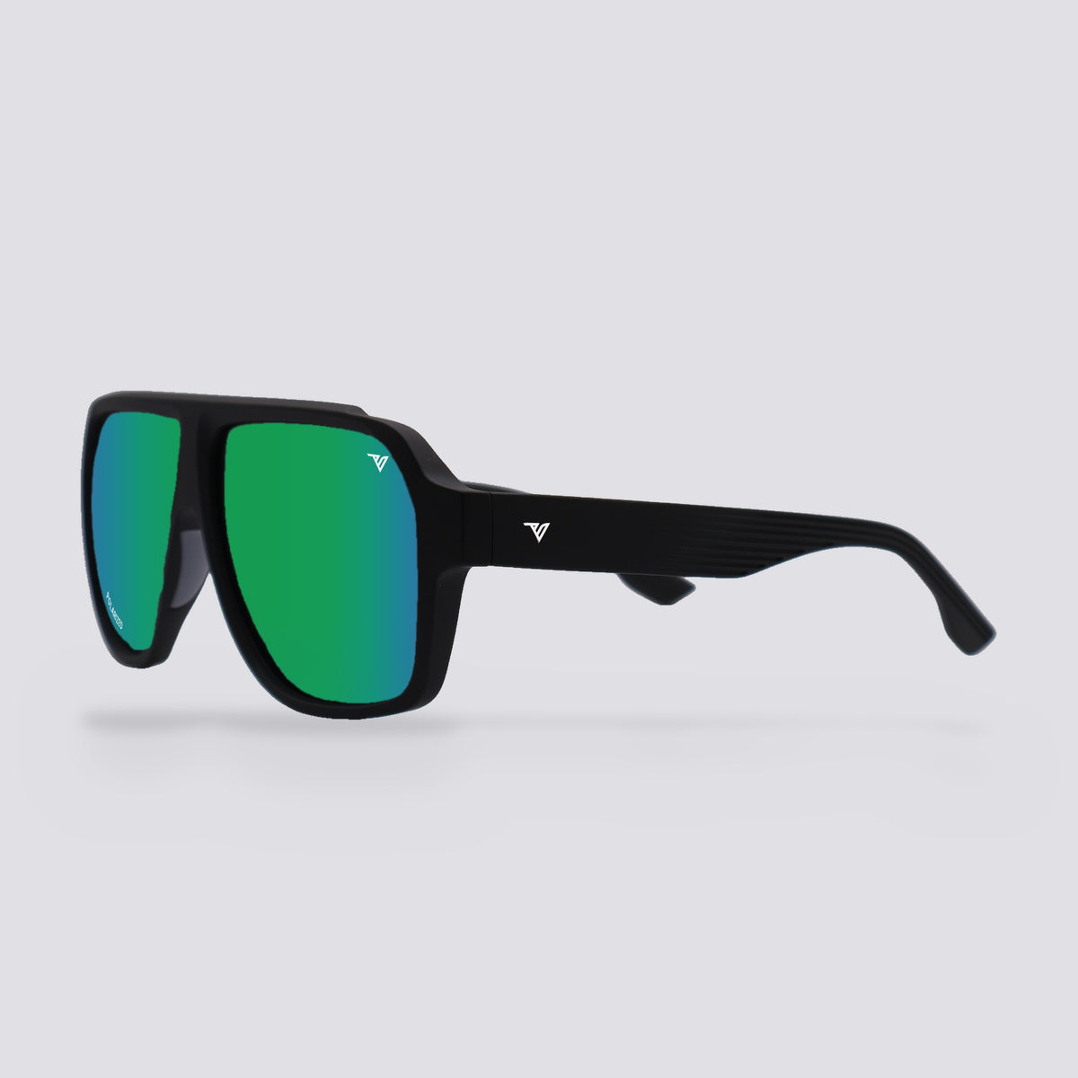 Highland polarized sunglasses, Matte Black frame, Green Mirror lens, angled view