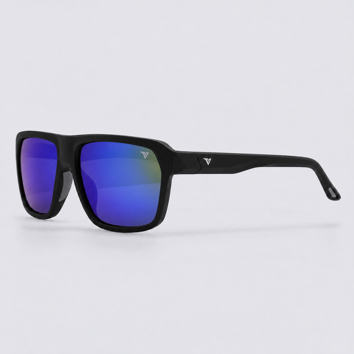 Trailvision Northbound sunglasses, Matte Black frame with polarized Blue Mirror lenses, angle view
