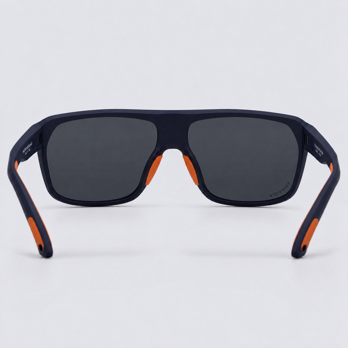 Trailvision Northbound sunglasses, Navy frame with orange accents and polarized Smoke lenses, back view
