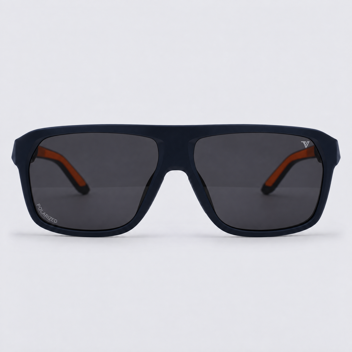 Trailvision Northbound sunglasses, Navy frame with orange accents and polarized Smoke lenses, front view