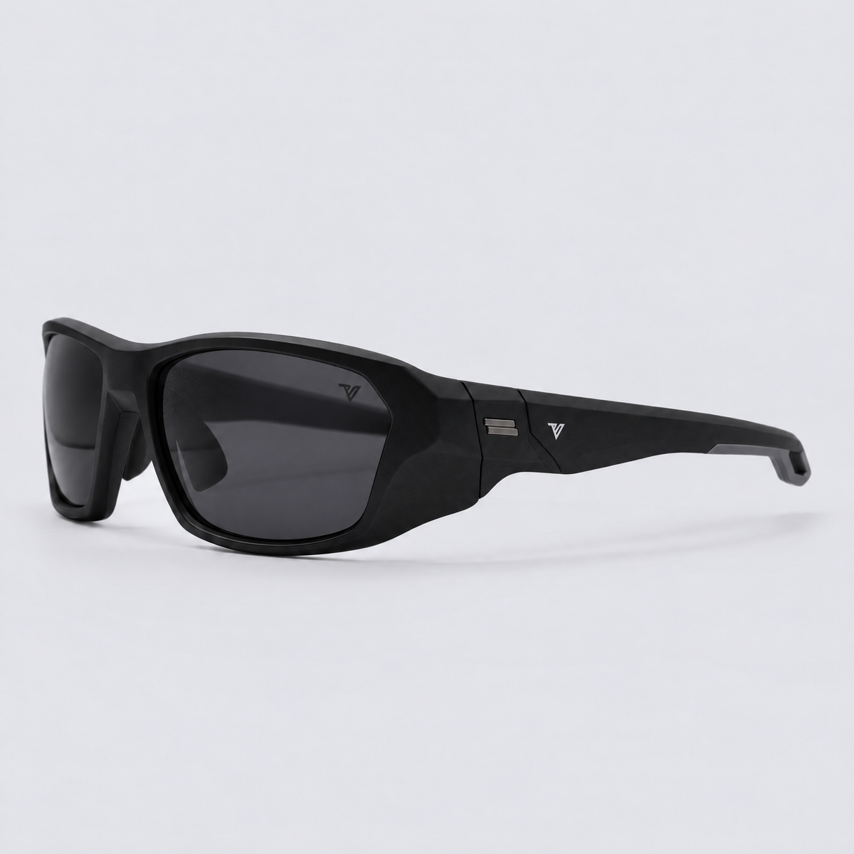 Trailvision Outrider sunglasses, Matte Black frame with polarized Smoke lenses, angle view