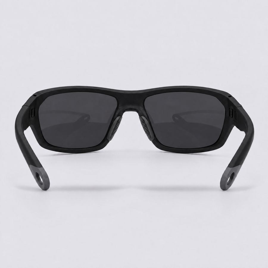 Trailvision Outrider sunglasses, Matte Black frame with polarized Smoke lenses, back view
