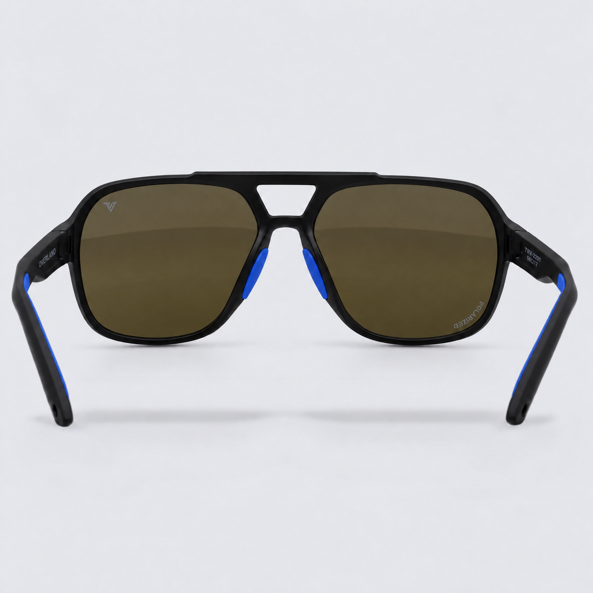 Trailvision Overland sunglasses, Matte Black frame with blue accents and polarized Blue Mirror lenses, back view