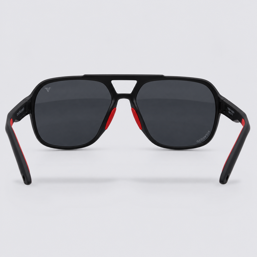 Trailvision Overland sunglasses, Matte Black frame with red accents and polarized Smoke lenses, back view