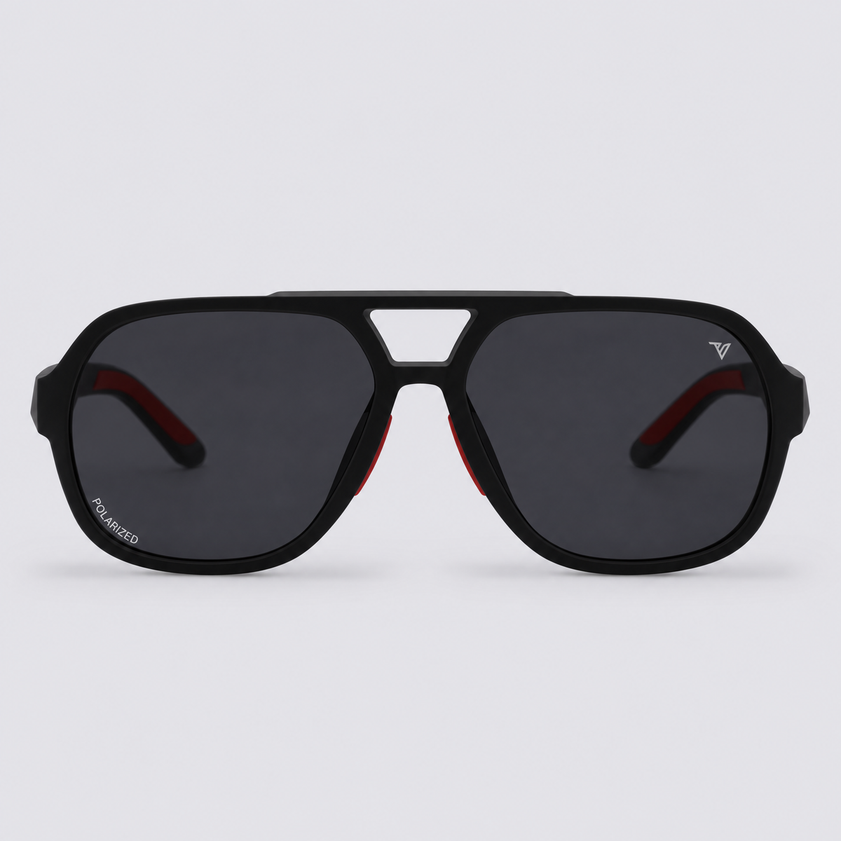 Trailvision Overland sunglasses, Matte Black frame with red accents and polarized Smoke lenses, front view