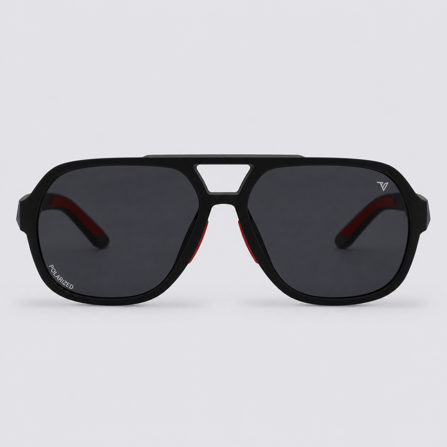Trailvision Overland sunglasses, Matte Black frame with red accents and polarized Smoke lenses, front view