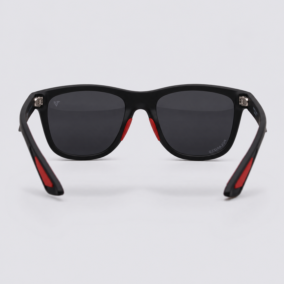 Trailvision Redrock sunglasses, Matte Black frame with red accents and polarized Smoke lenses, back view