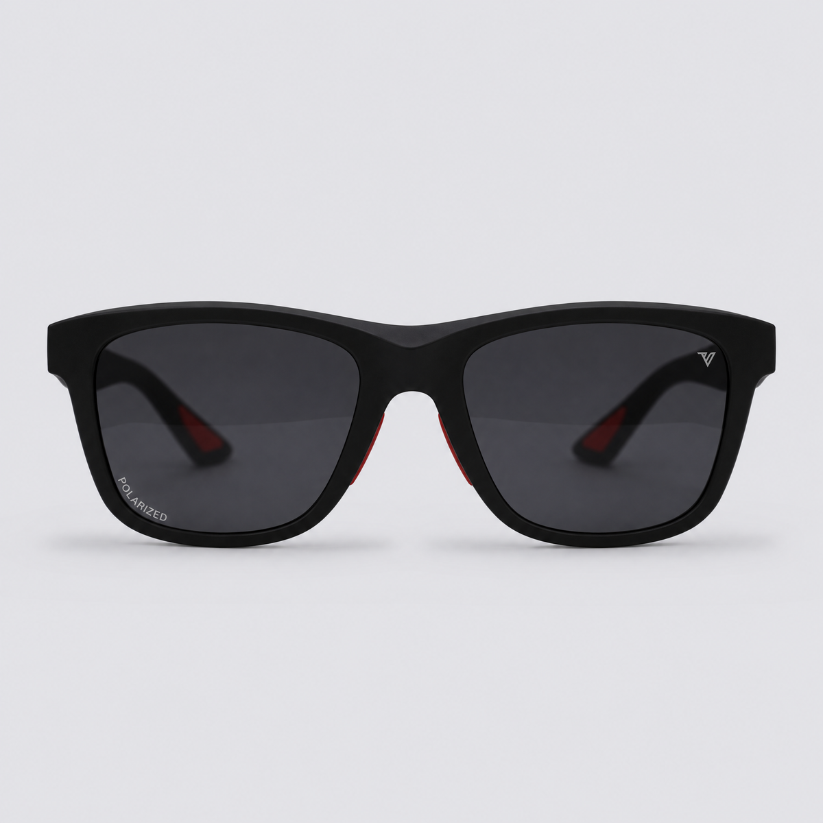 Trailvision Redrock sunglasses, Matte Black frame with red accents and polarized Smoke lenses, front view