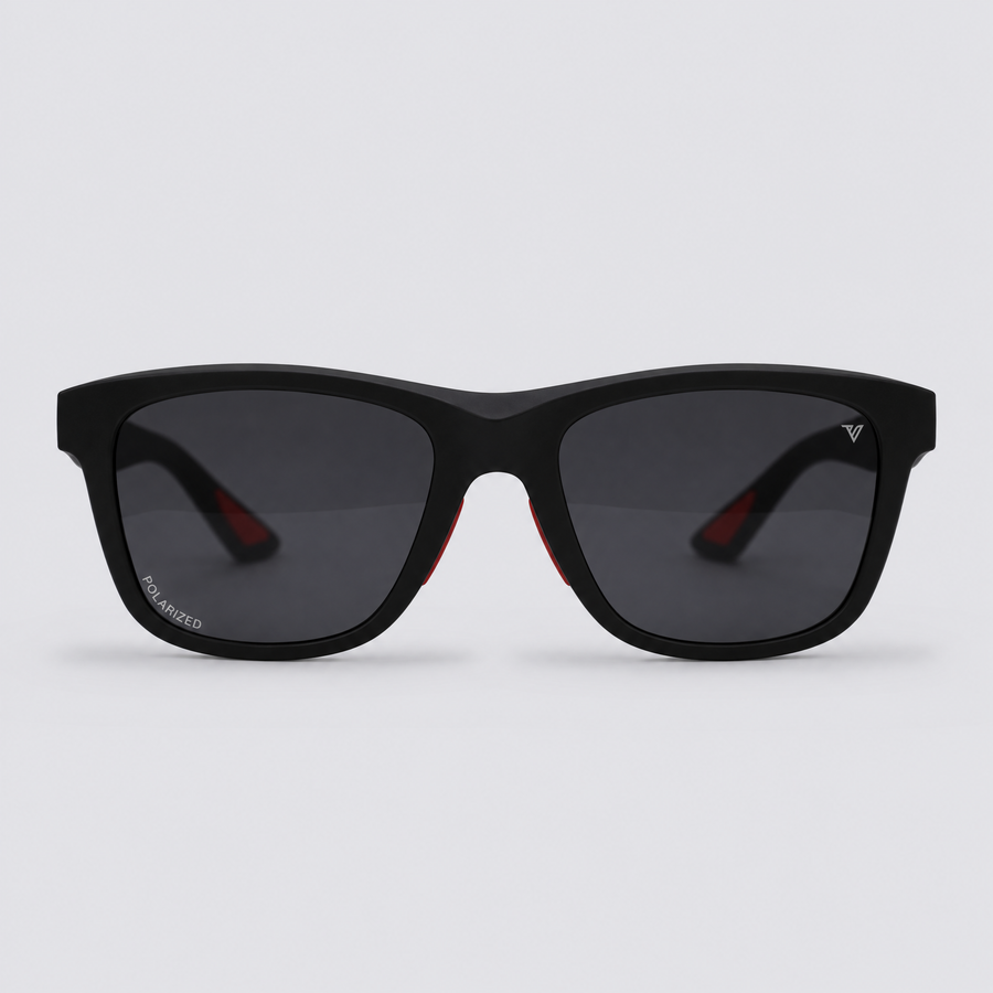 Trailvision Redrock sunglasses, Matte Black frame with red accents and polarized Smoke lenses, front view