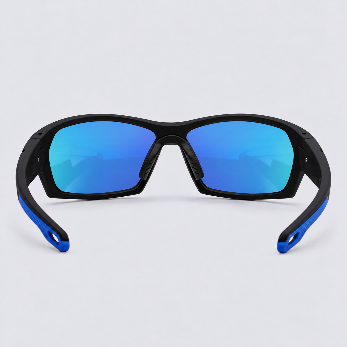 Trailvision Riptide sunglasses, Matte Black frame with blue accents and polarized Ice Blue Mirror lenses, back view