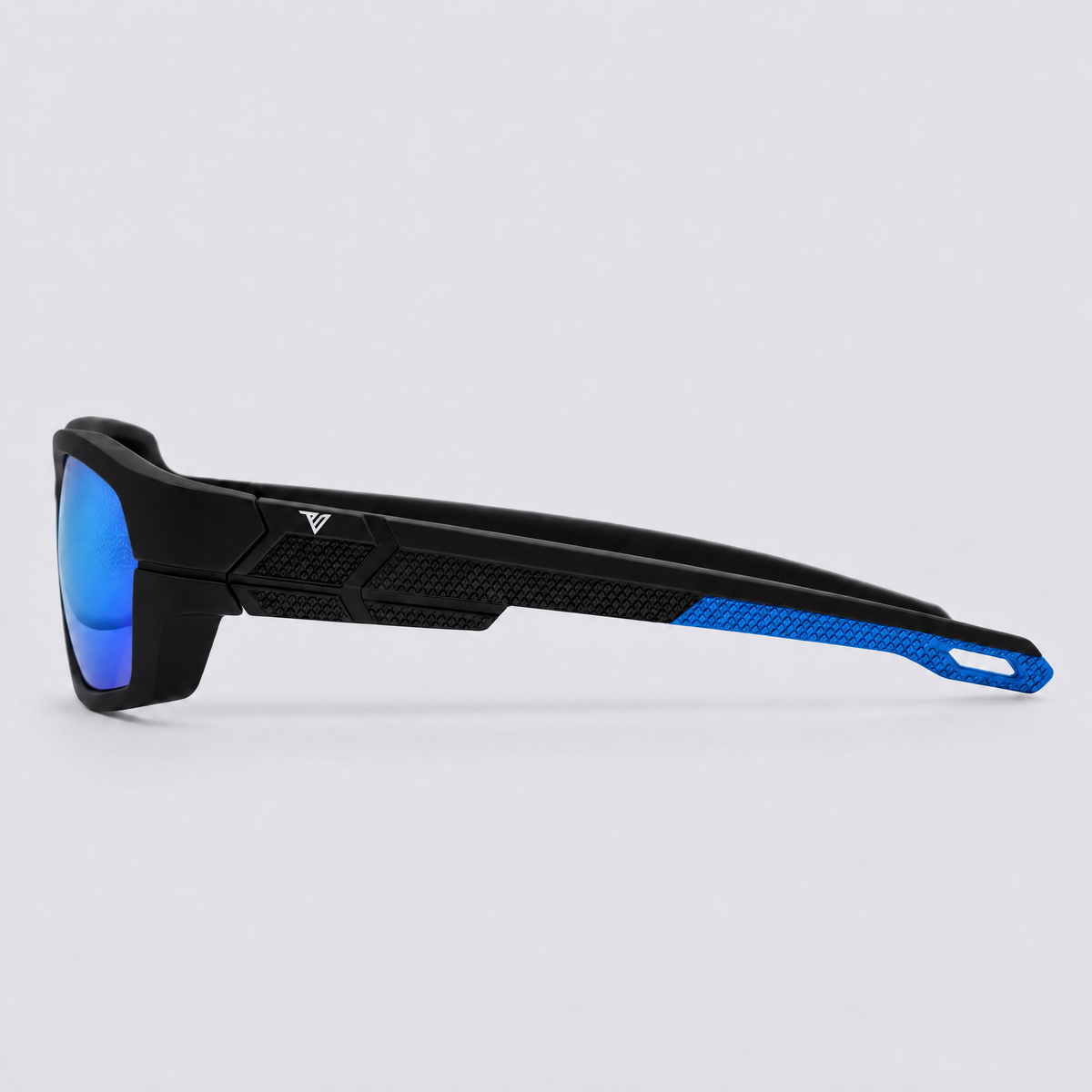 Trailvision Riptide sunglasses, Matte Black frame with blue accents and polarized Ice Blue Mirror lenses, side view