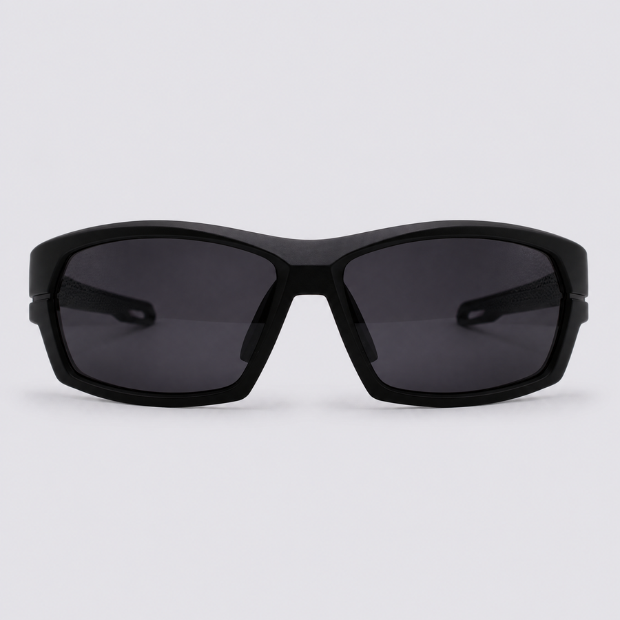 Trailvision Riptide sunglasses, Matte Black frame with grey grips and polarized Smoke lenses, front view
