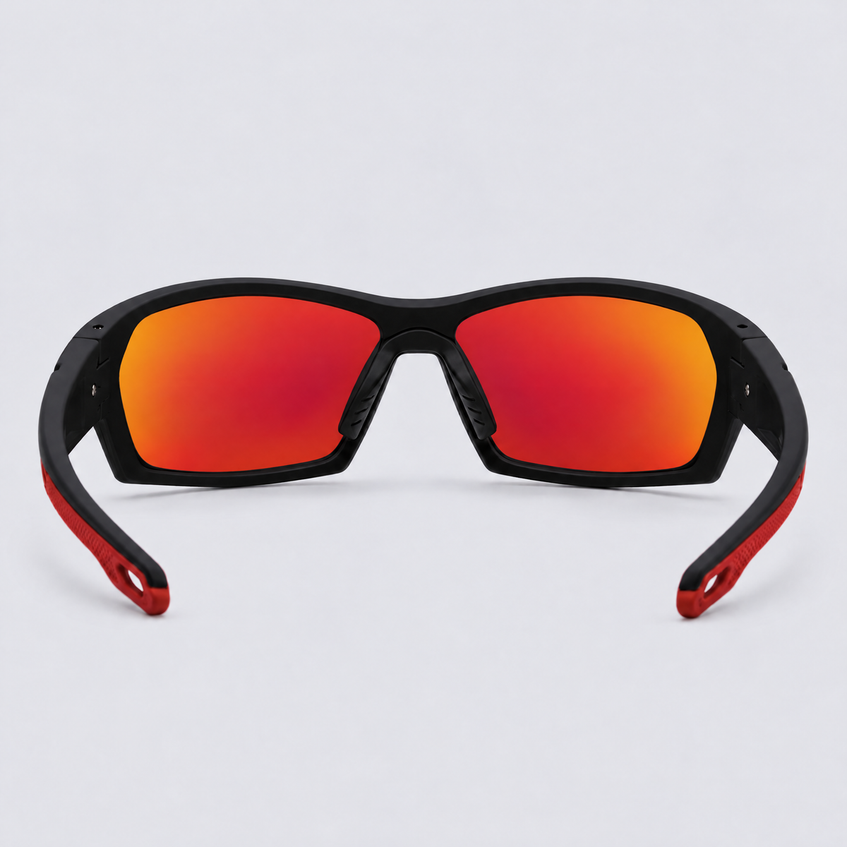 Trailvision Riptide sunglasses, Matte Black frame with red accents and polarized Red Mirror lenses, back view