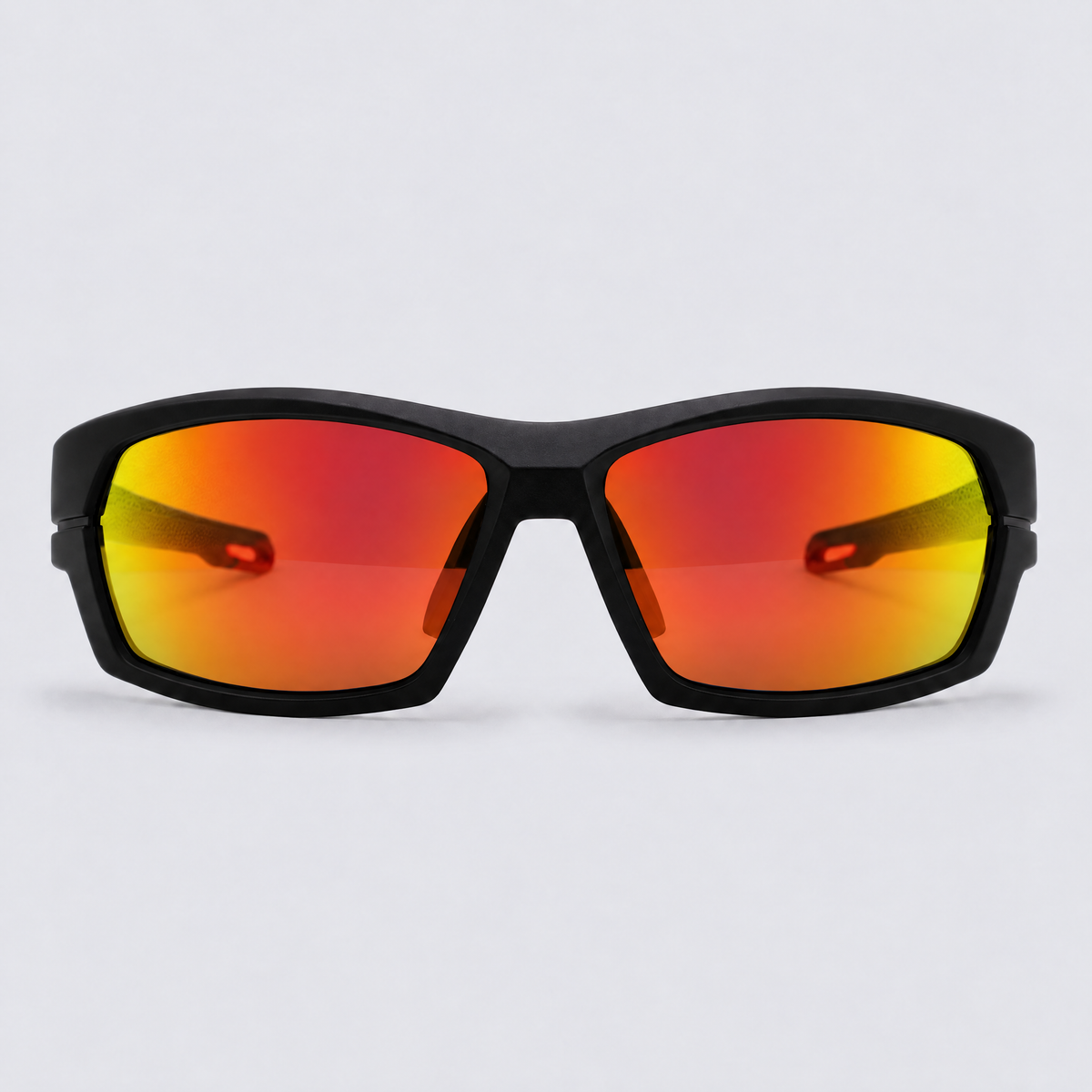 Trailvision Riptide sunglasses, Matte Black frame with red accents and polarized Red Mirror lenses, front view
