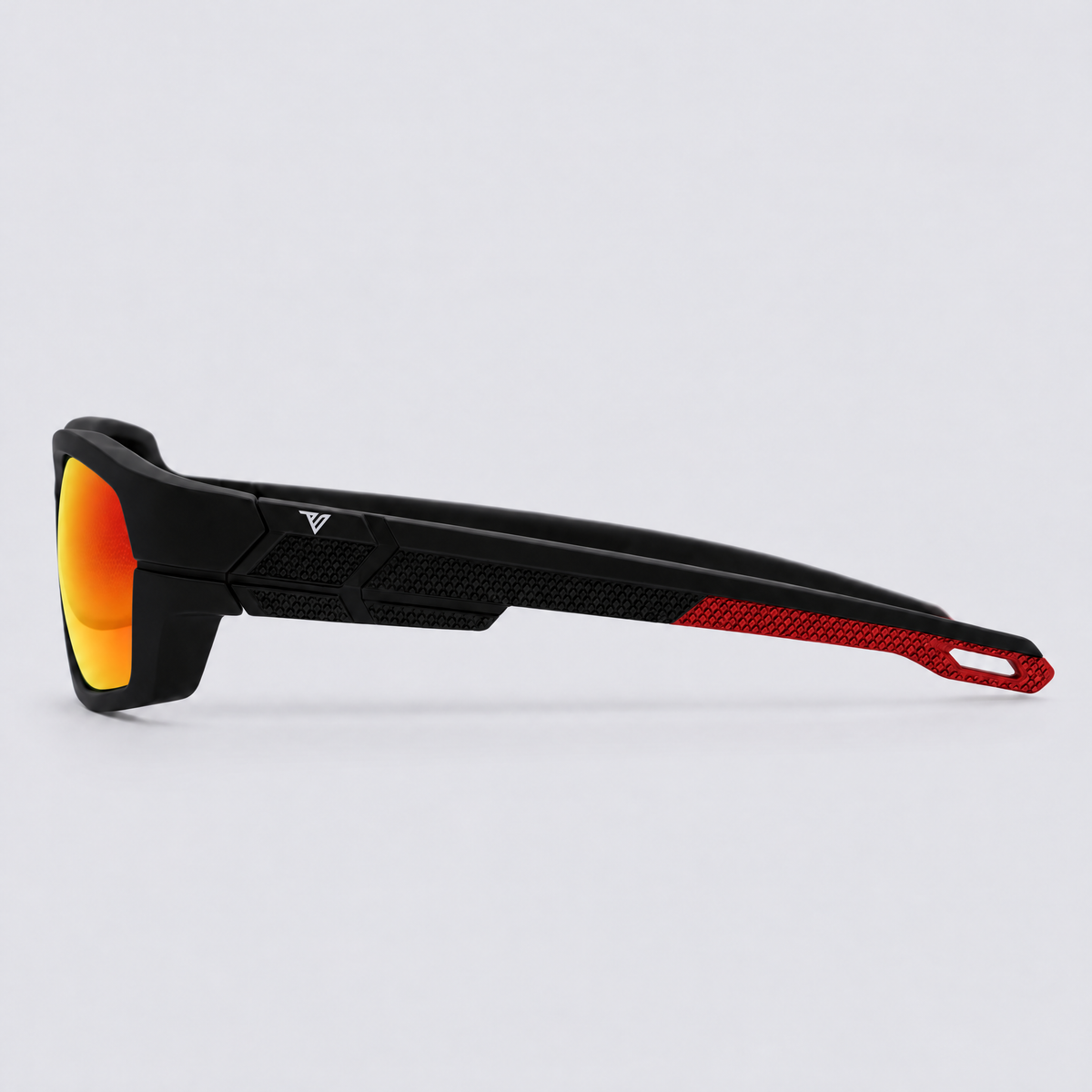 Trailvision Riptide sunglasses, Matte Black frame with red accents and polarized Red Mirror lenses, side view