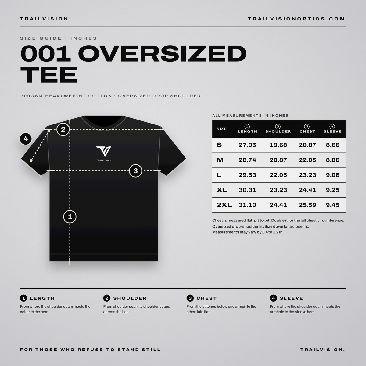 001 Oversized Tee size guide with garment measurements in inches for sizes S to 2XL