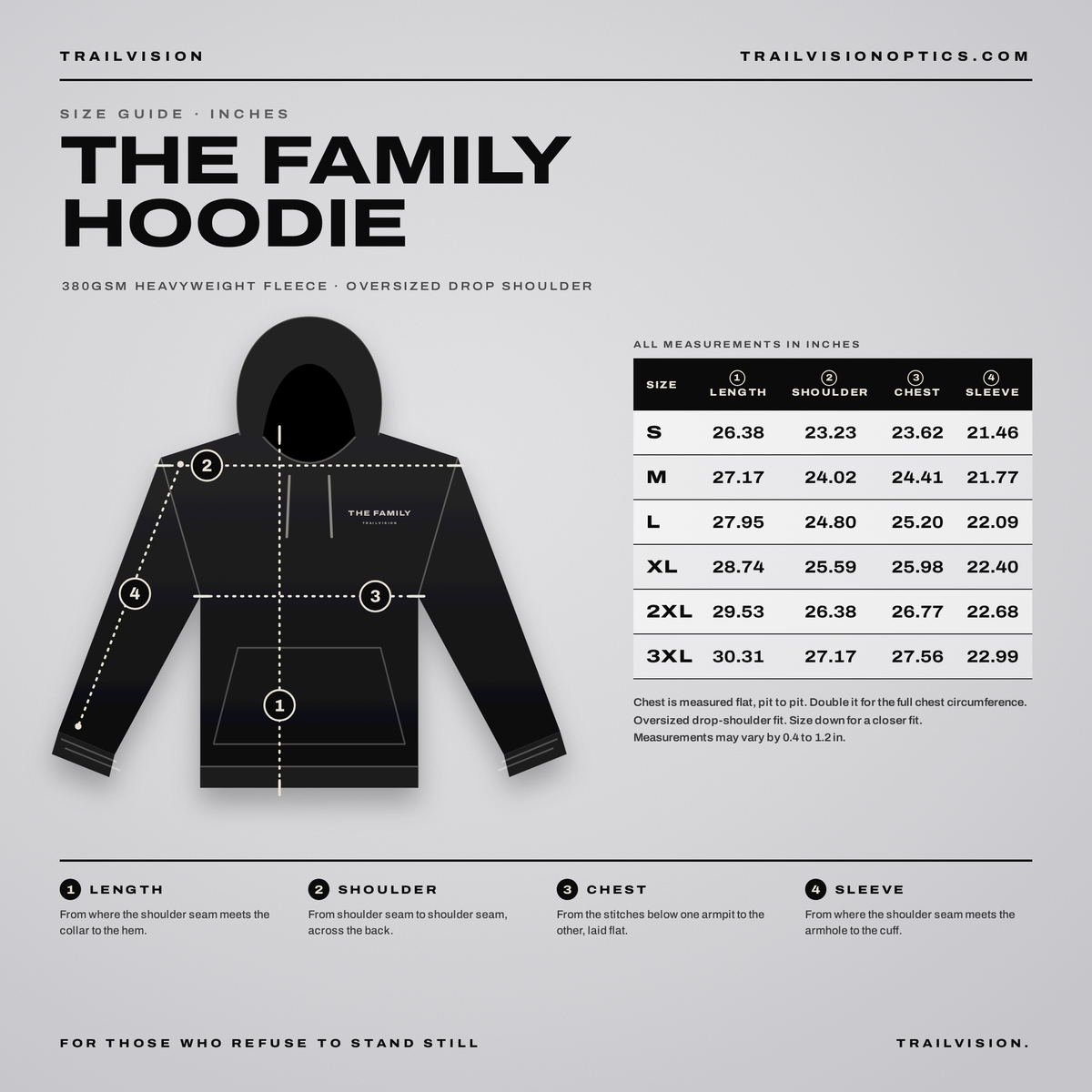 The Family Hoodie size guide with garment measurements in inches for sizes S to 3XL