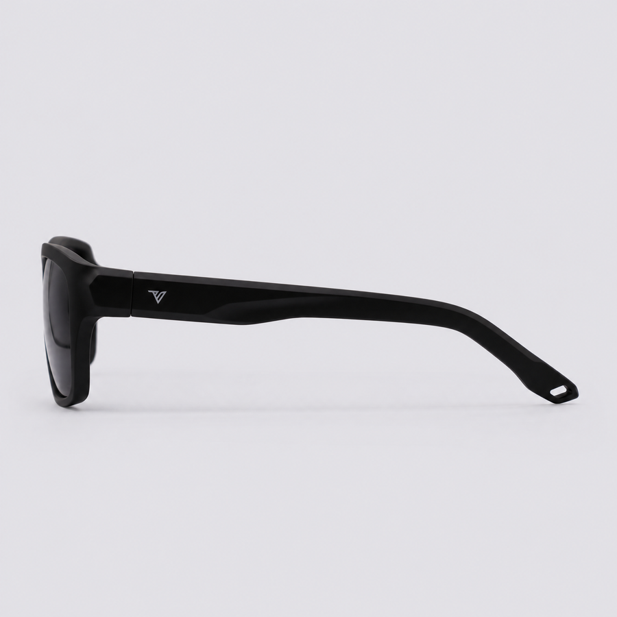 Trailvision Timberline sunglasses, Matte Black frame with polarized Smoke lenses, side view