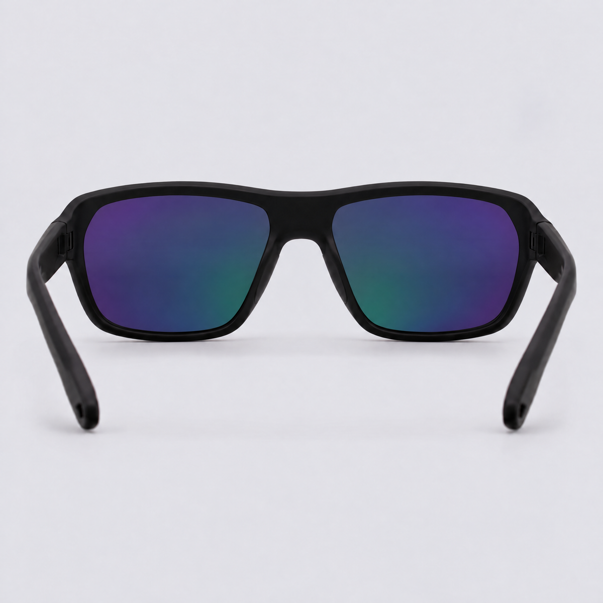 Trailvision Timberline sunglasses, Matte Black frame with polarized Purple-Green Mirror lenses, back view