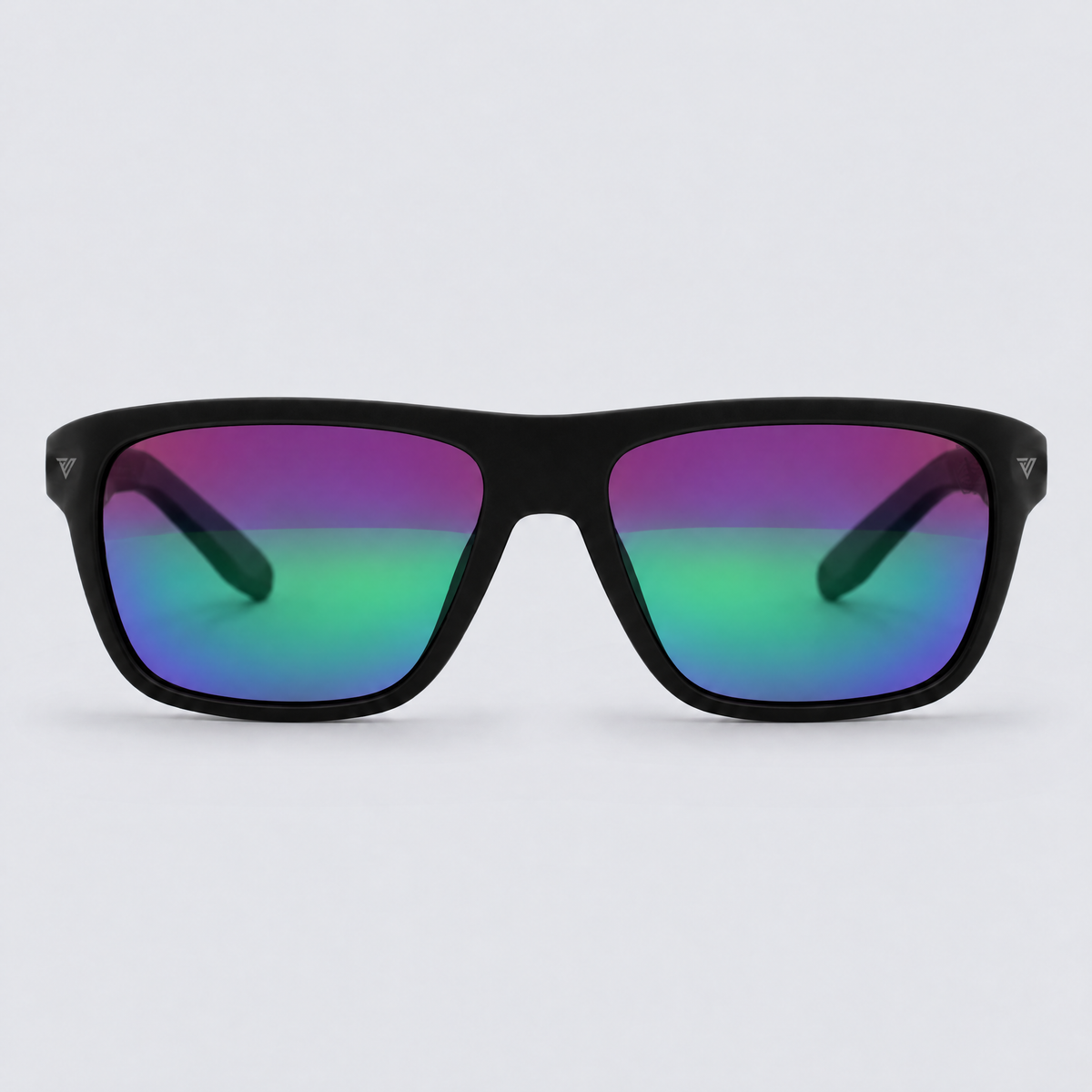 Trailvision Timberline sunglasses, Matte Black frame with polarized Purple-Green Mirror lenses, front view