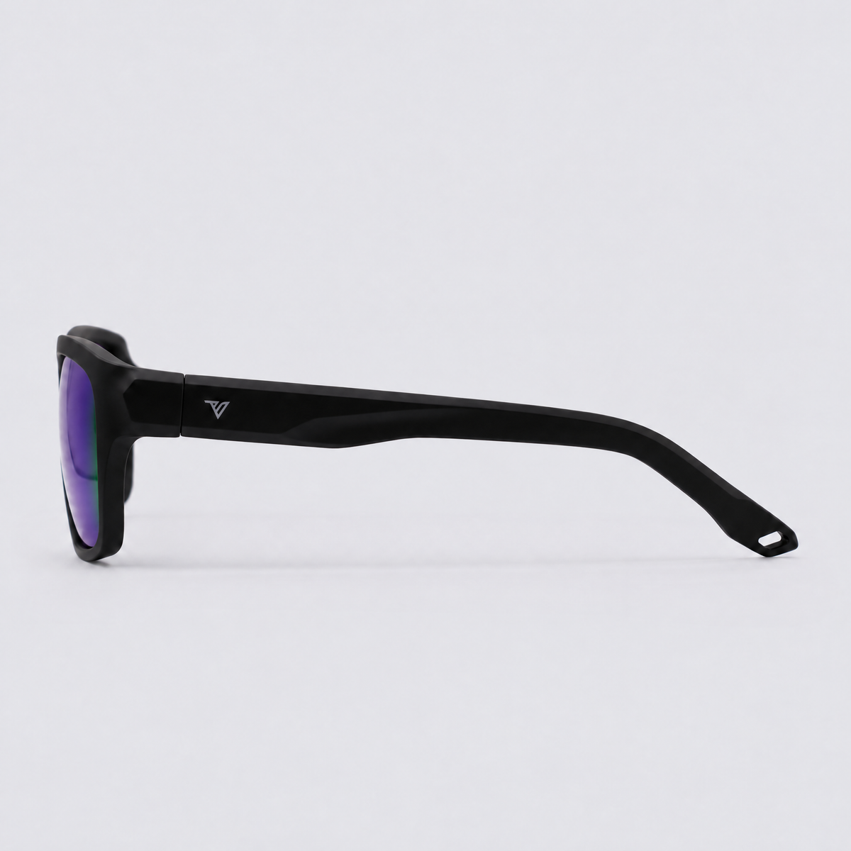 Trailvision Timberline sunglasses, Matte Black frame with polarized Purple-Green Mirror lenses, side view