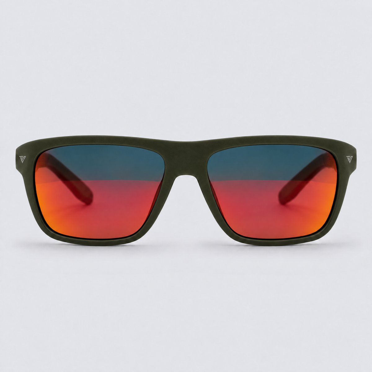 Trailvision Timberline sunglasses, Olive Green frame with polarized Red Mirror lenses, front view