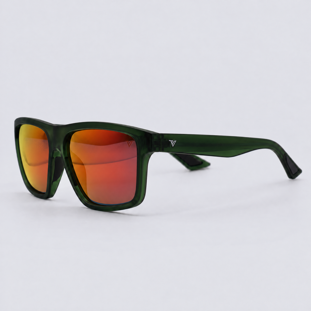 Trailvision Trailhead sunglasses, Crystal Green frame with black tip inlays and polarized Red Mirror lenses, angle view
