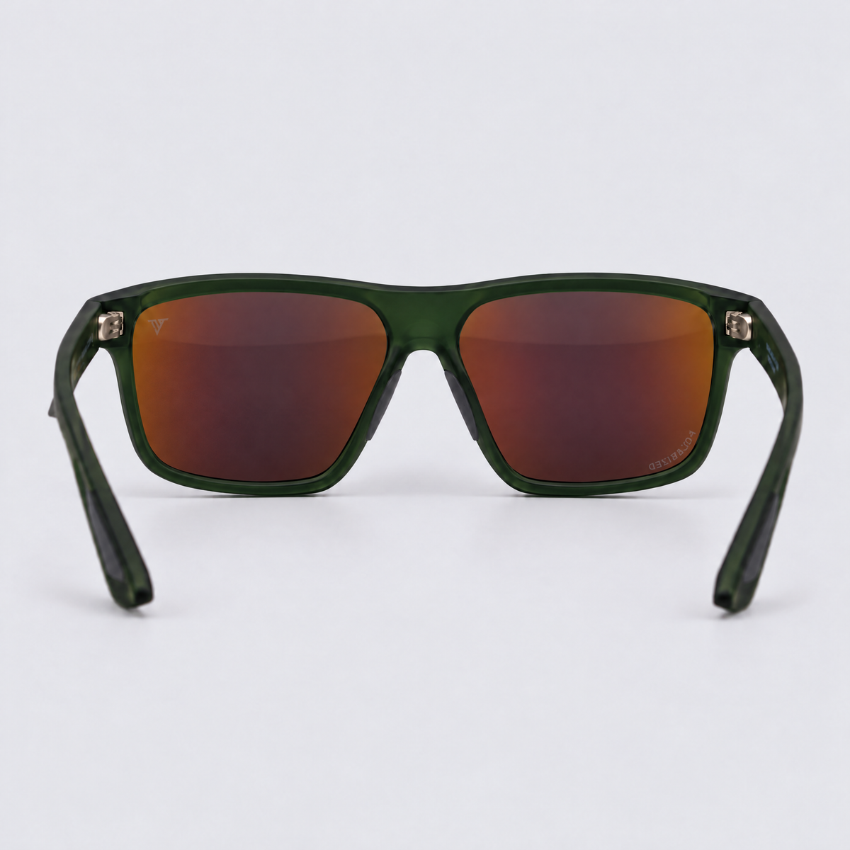 Trailvision Trailhead sunglasses, Crystal Green frame with black tip inlays and polarized Red Mirror lenses, back view