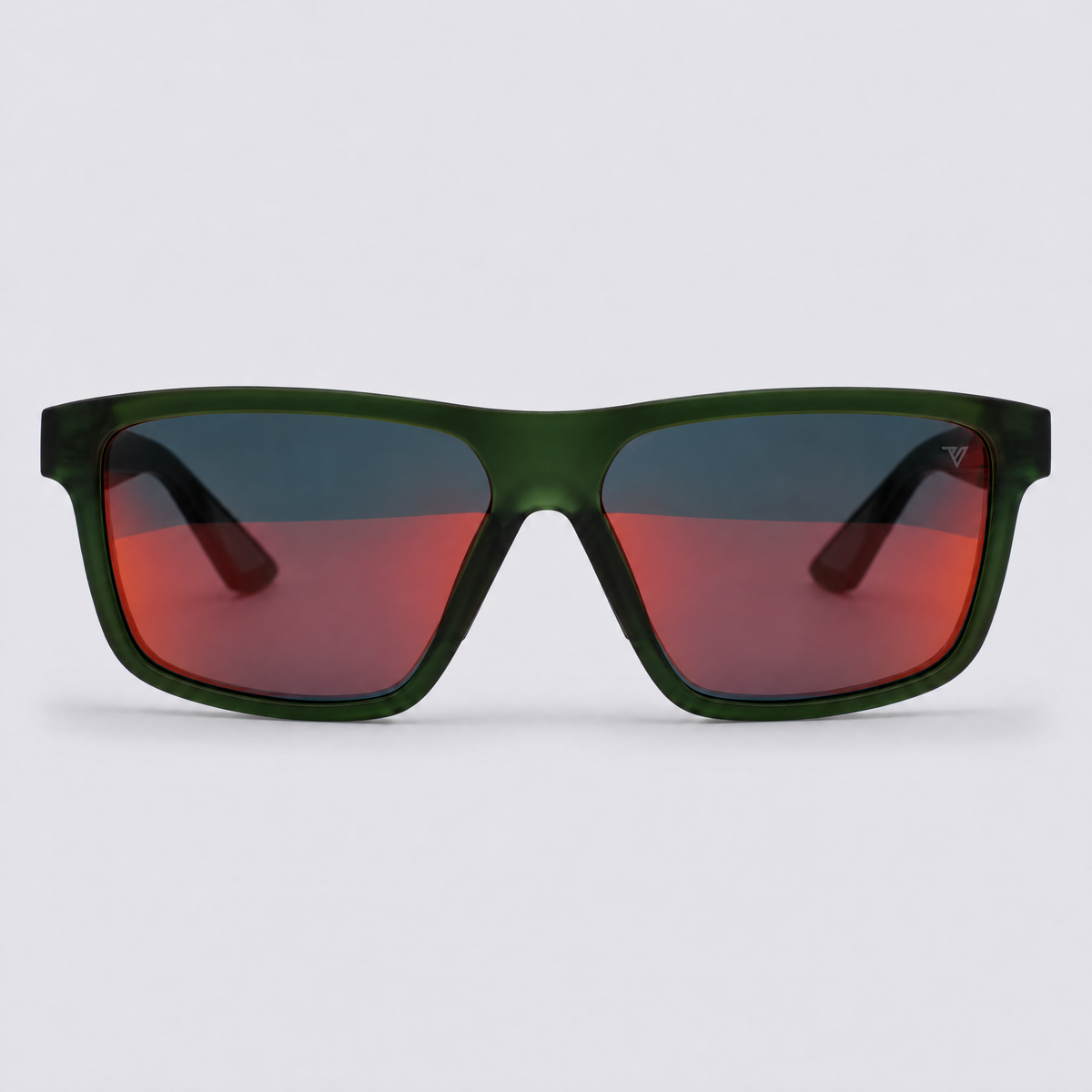 Trailvision Trailhead sunglasses, Crystal Green frame with black tip inlays and polarized Red Mirror lenses, front view