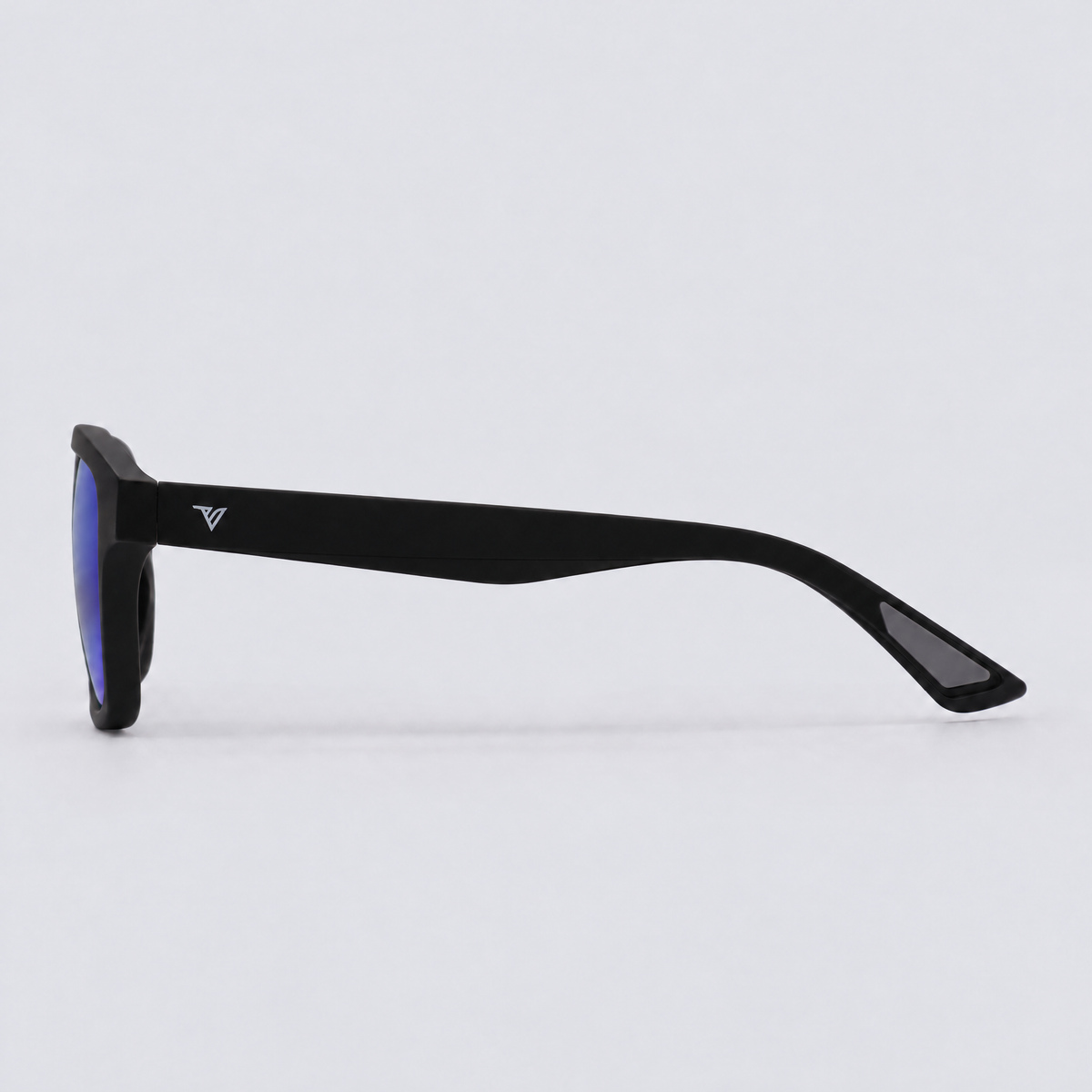 Trailvision Trailhead sunglasses, Matte Black frame with polarized Blue Mirror lenses, side view
