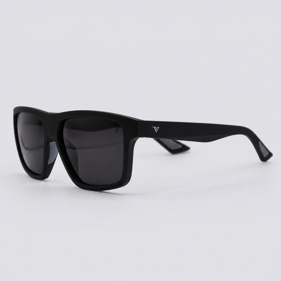 Trailvision Trailhead sunglasses, Matte Black frame with polarized Smoke lenses, angle view