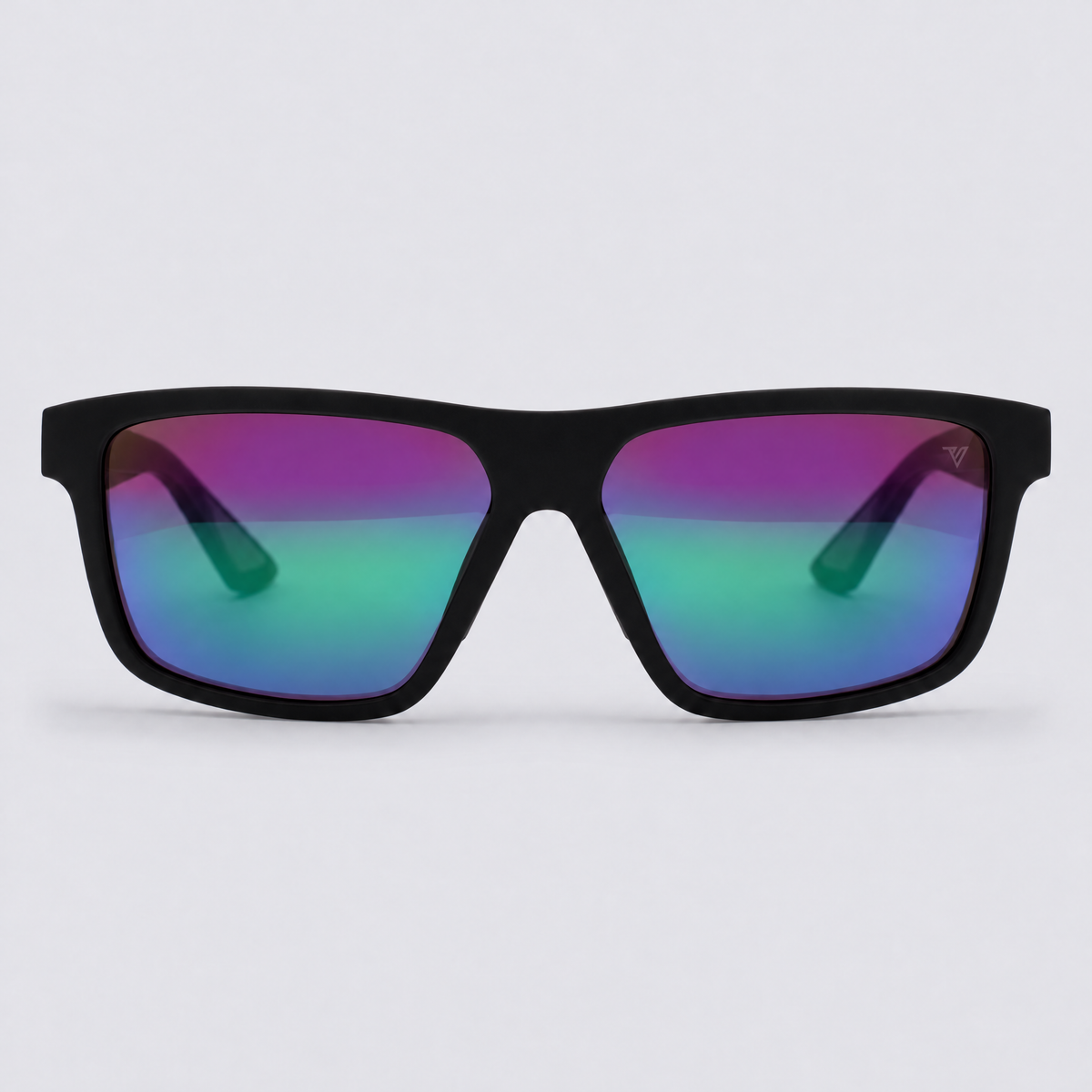 Trailvision Trailhead sunglasses, Matte Black frame with polarized Purple-Green Mirror lenses, front view
