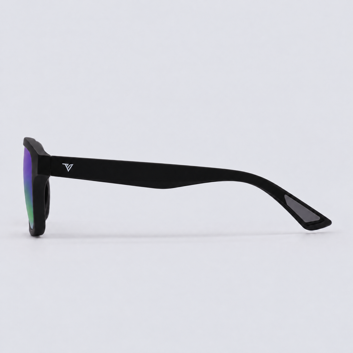 Trailvision Trailhead sunglasses, Matte Black frame with polarized Purple-Green Mirror lenses, side view