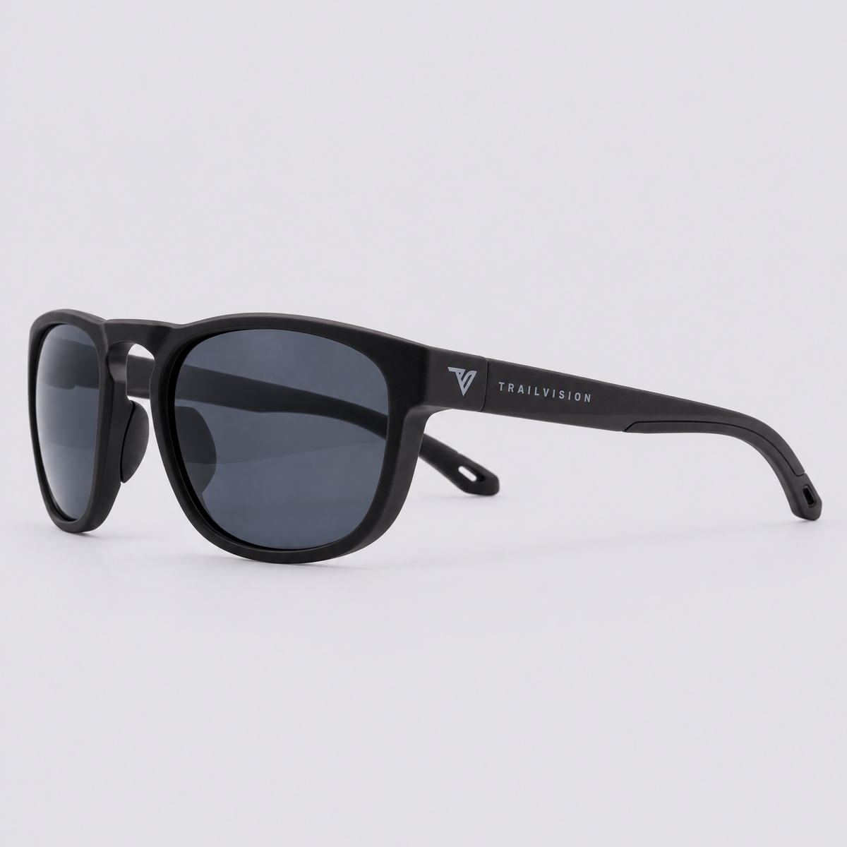 Trekker polarized sunglasses, Matte Black frame, Smoke lenses – angle view