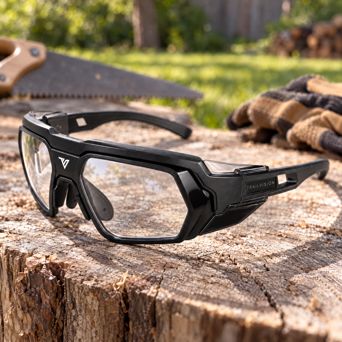 Titan safety glasses on a tree stump in a work yard