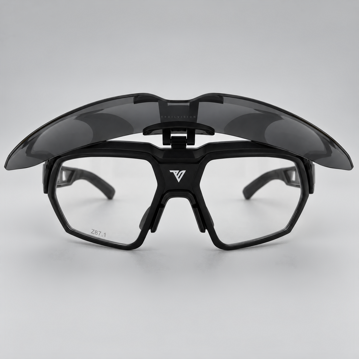 Titan with the smoke shield clip flipped up above the clear lenses