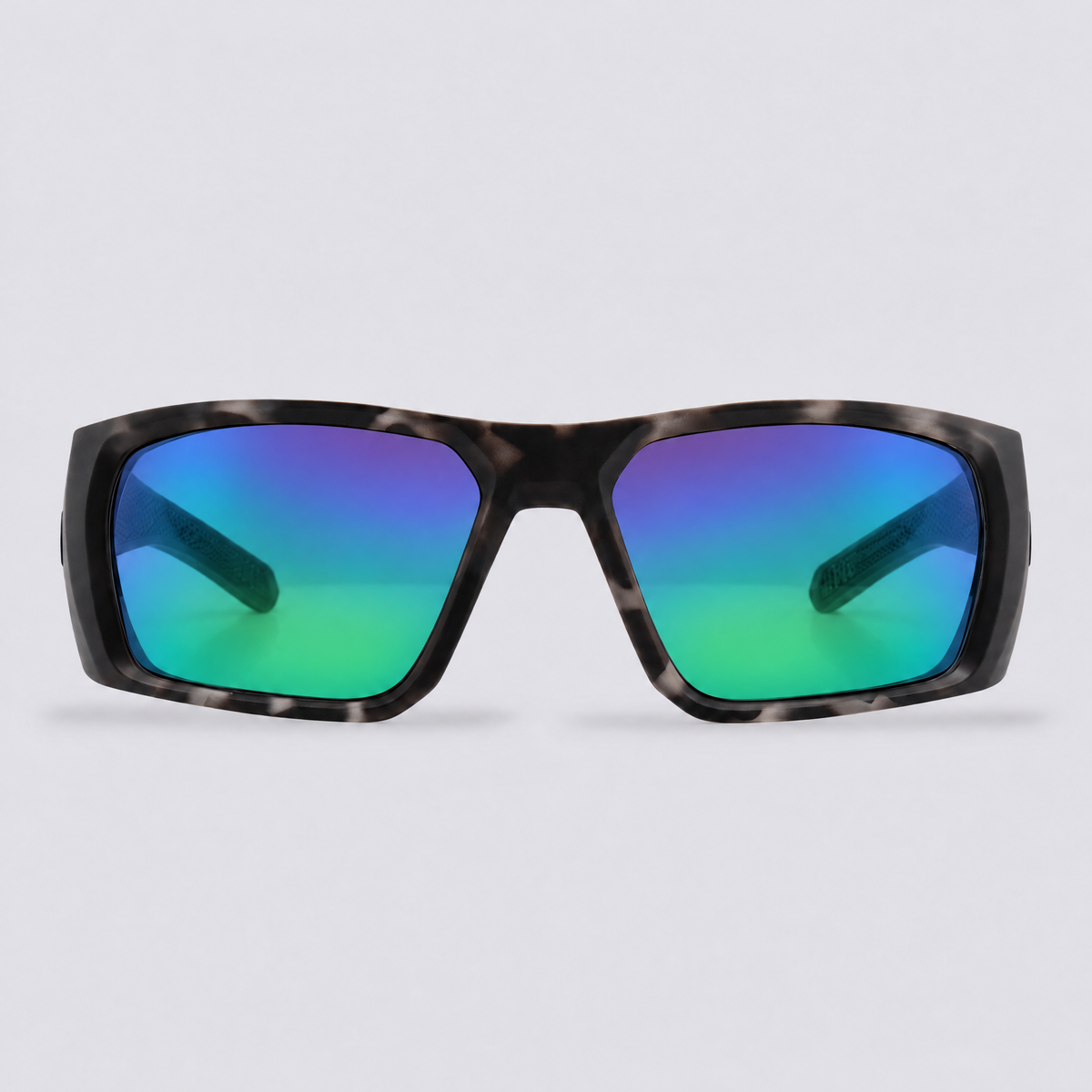 Vanguard 2.0 polarized sunglasses, Matte Grey Tortoise frame, Green mirror lenses – front view