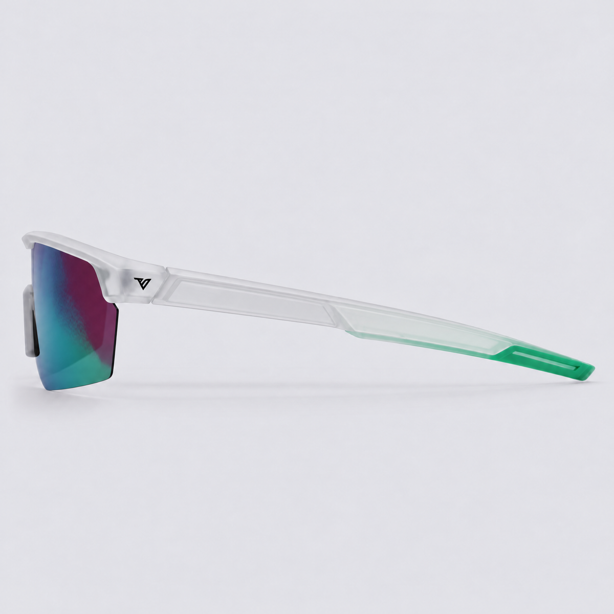 Trailvision Velocity sunglasses, Frosted Clear frame with mint green temple tips and a polarized Purple-Green Mirror shield lens, side view
