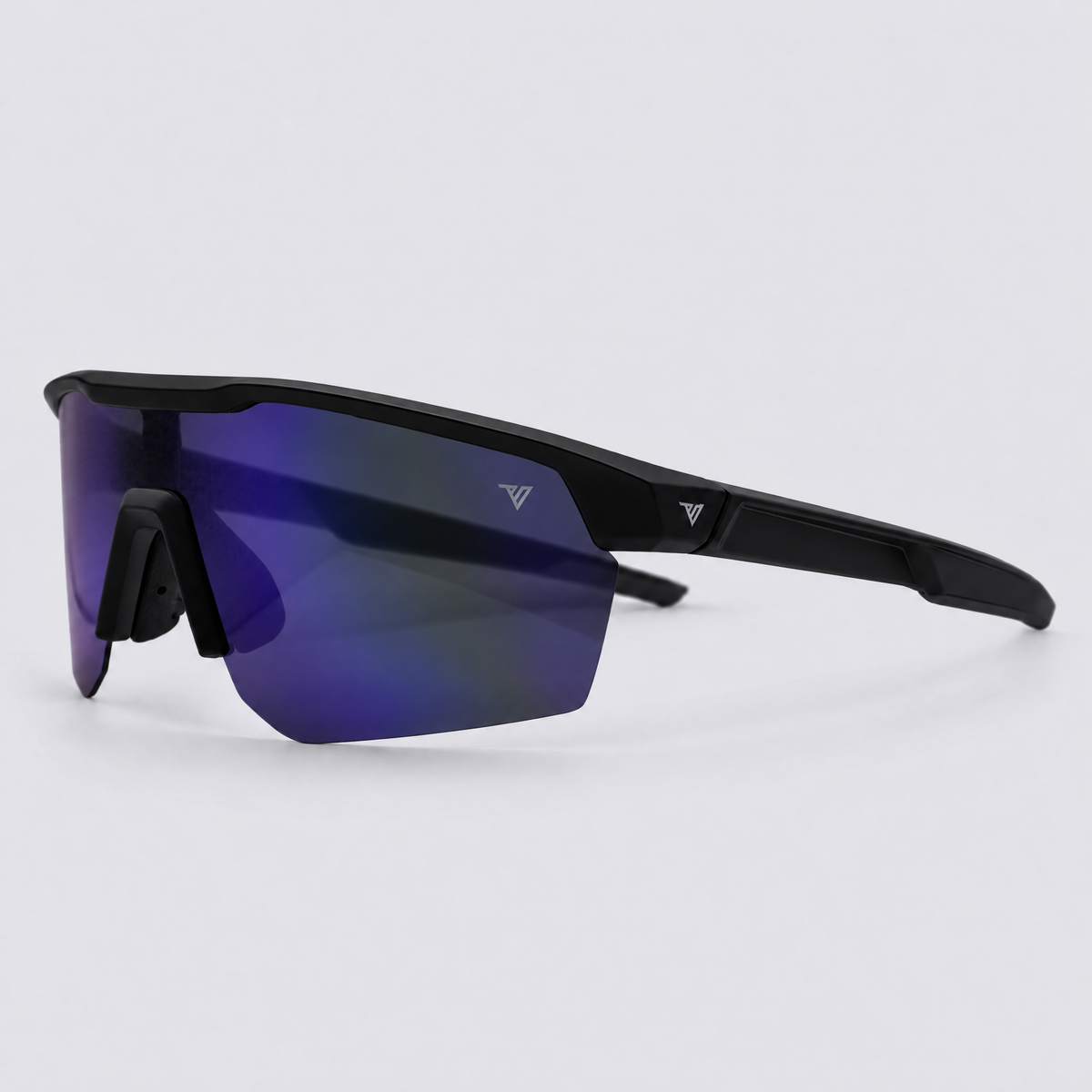 Trailvision Velocity sunglasses, Matte Black frame with black temple tips and a polarized Dark Blue Mirror shield lens, angle view