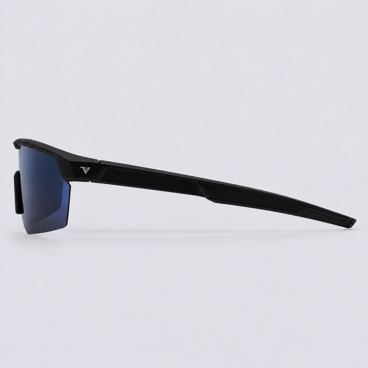Trailvision Velocity sunglasses, Matte Black frame with black temple tips and a polarized Dark Blue Mirror shield lens, side view