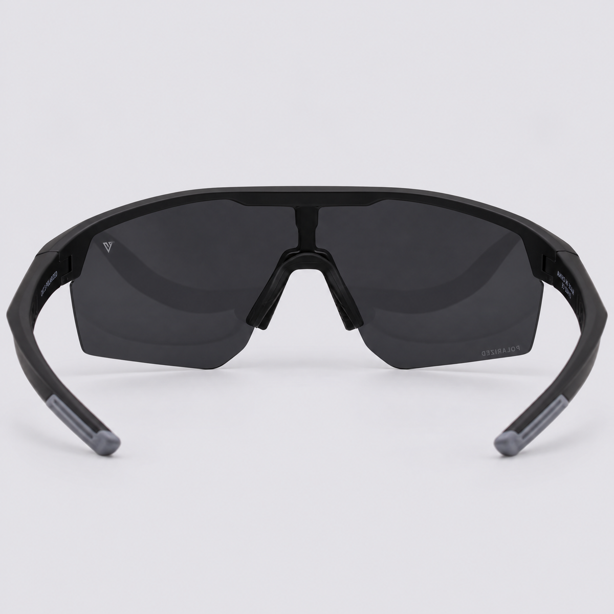 Trailvision Velocity sunglasses, Matte Black frame with grey temple tips and a polarized Smoke shield lens, back view