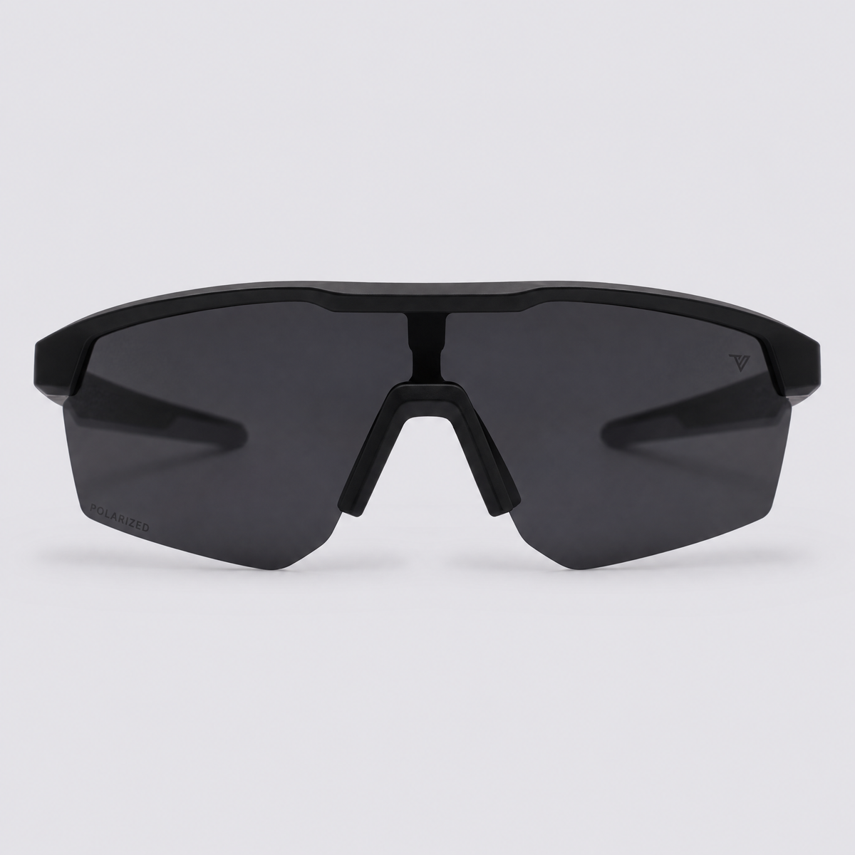 Trailvision Velocity sunglasses, Matte Black frame with grey temple tips and a polarized Smoke shield lens, front view