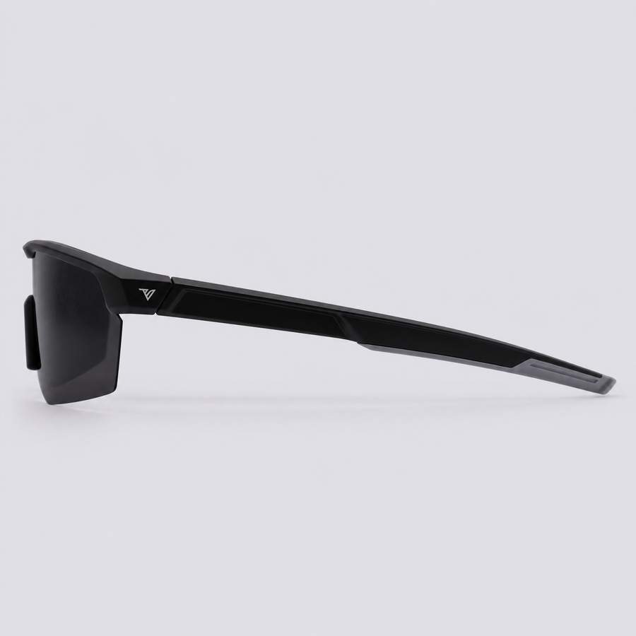 Trailvision Velocity sunglasses, Matte Black frame with grey temple tips and a polarized Smoke shield lens, side view