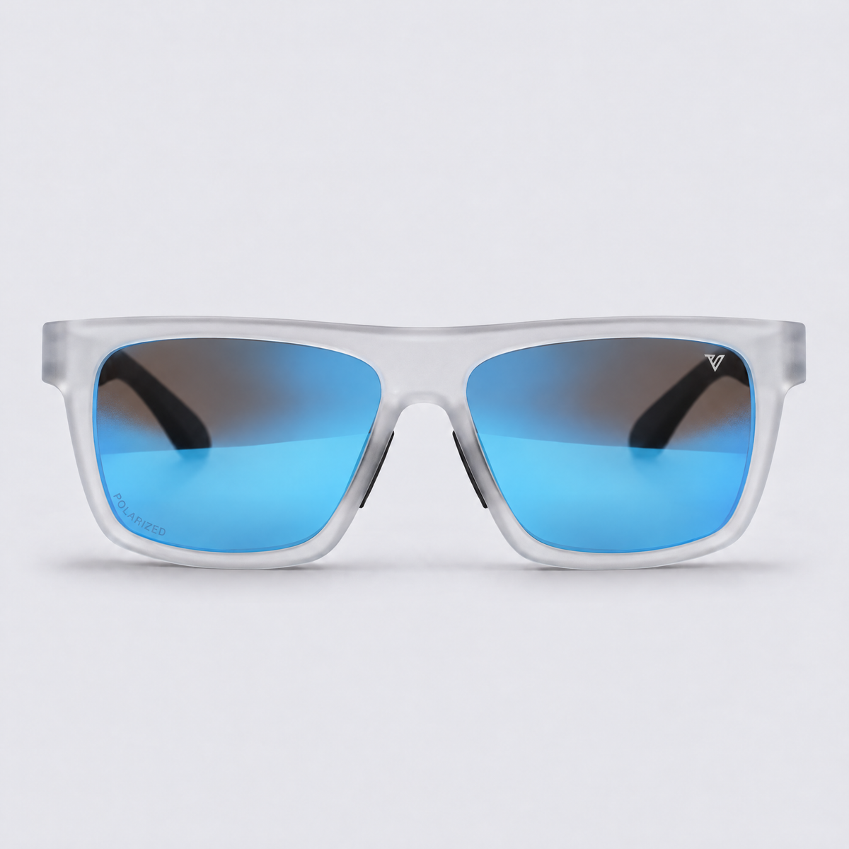 Trailvision Wayfinder sunglasses, Frosted Clear frame with black temple tips and polarized Ice Blue Mirror lenses, front view