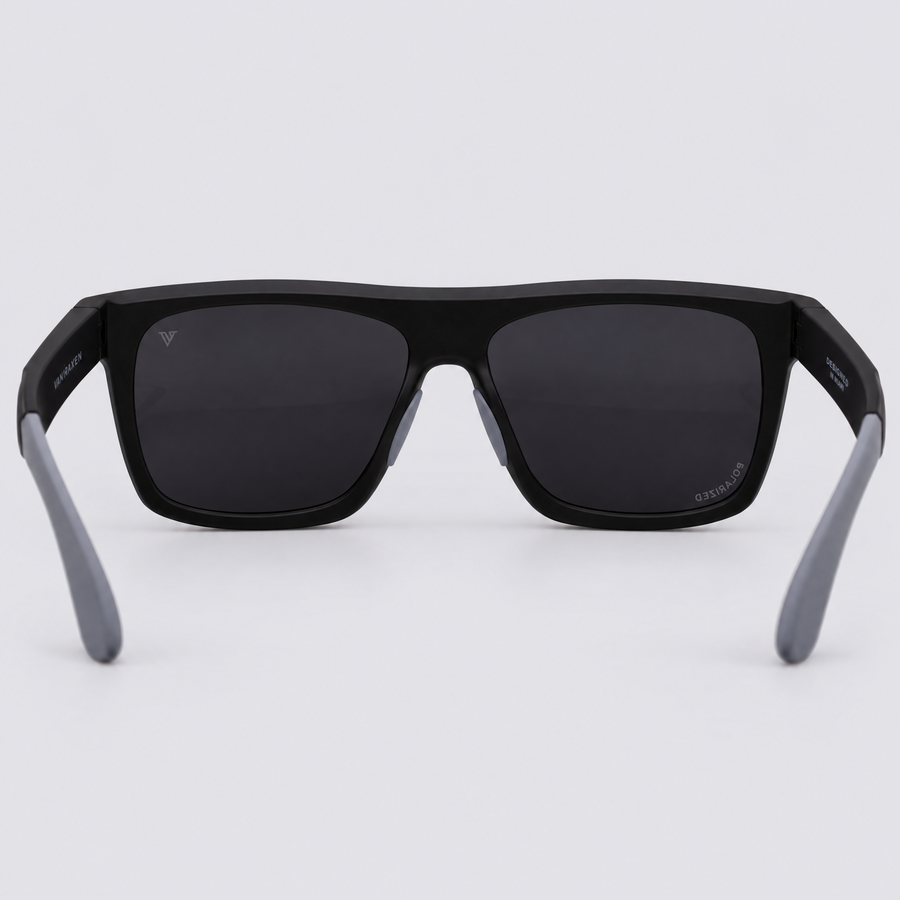Trailvision Wayfinder sunglasses, Matte Black frame with grey temple tips and polarized Smoke lenses, back view