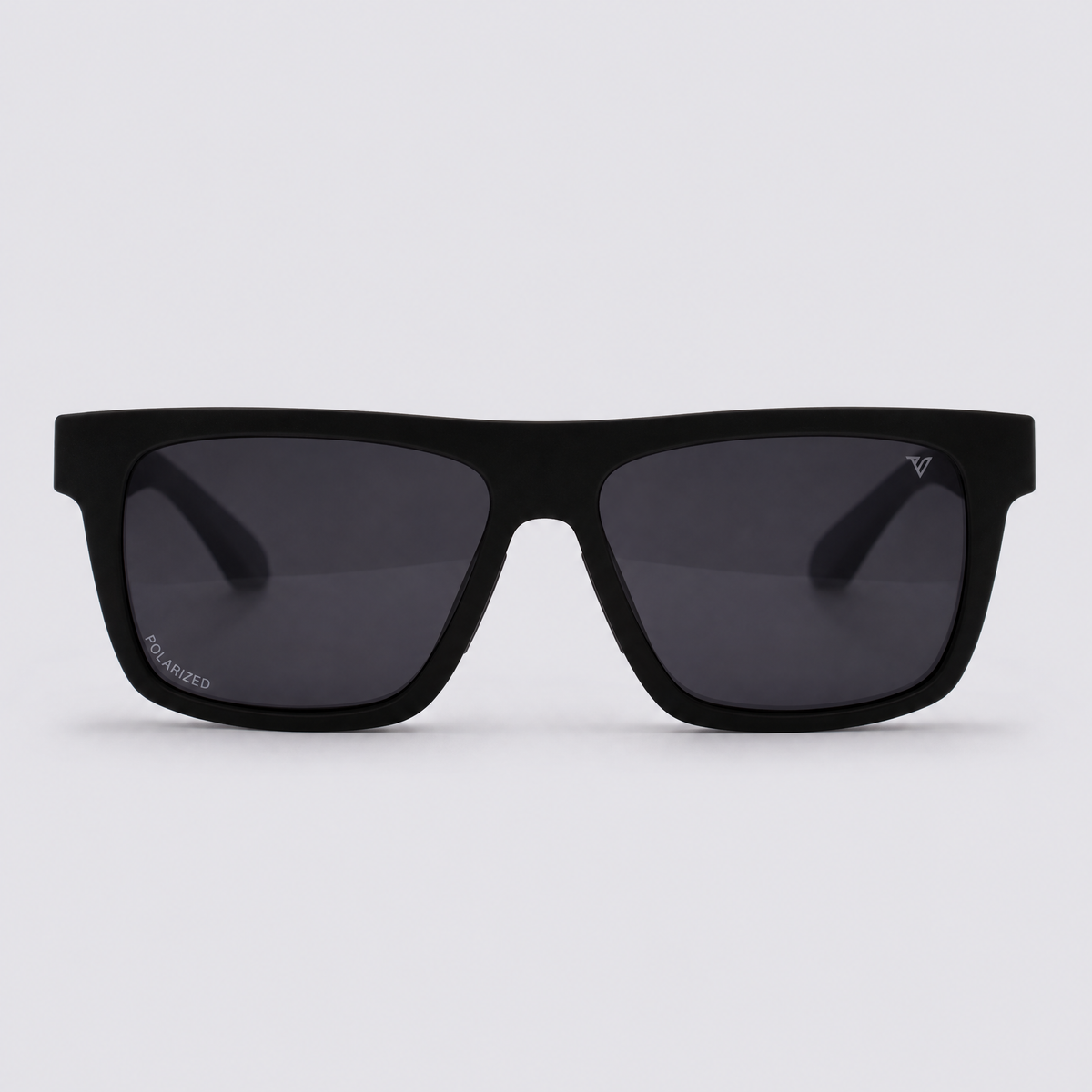 Trailvision Wayfinder sunglasses, Matte Black frame with grey temple tips and polarized Smoke lenses, front view