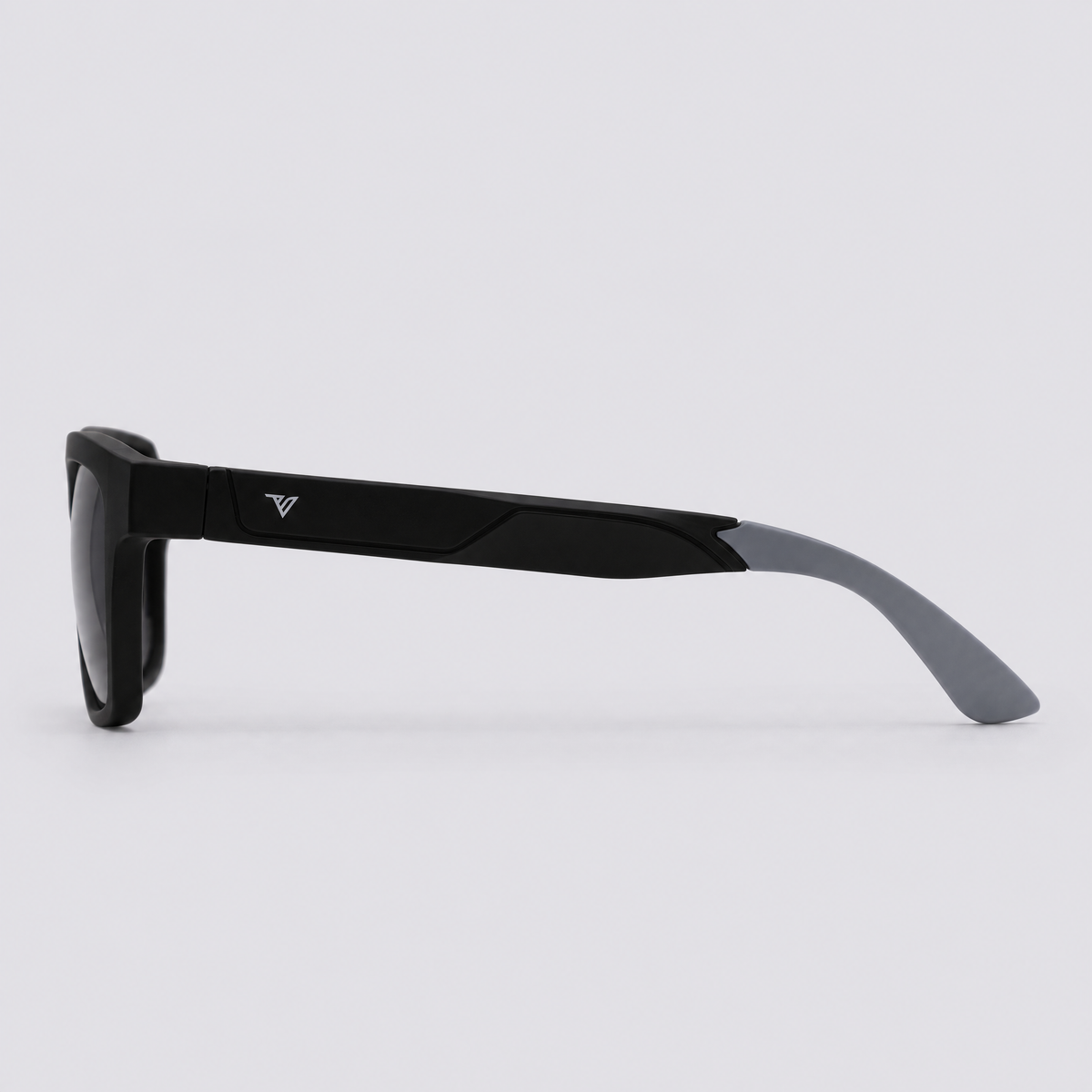 Trailvision Wayfinder sunglasses, Matte Black frame with grey temple tips and polarized Smoke lenses, side view