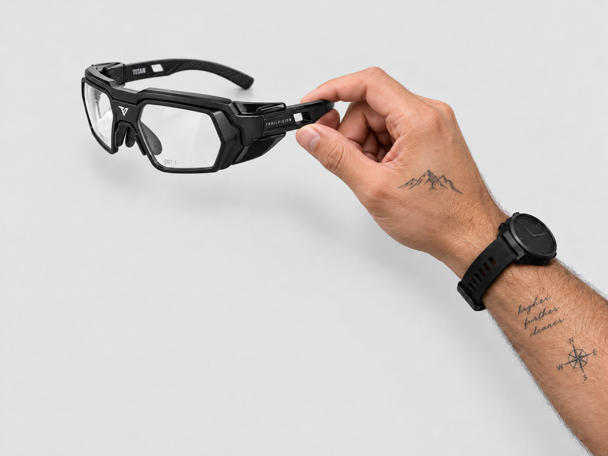 Hand holding Trailvision Titan safety glasses by the temple arm on a light gray background